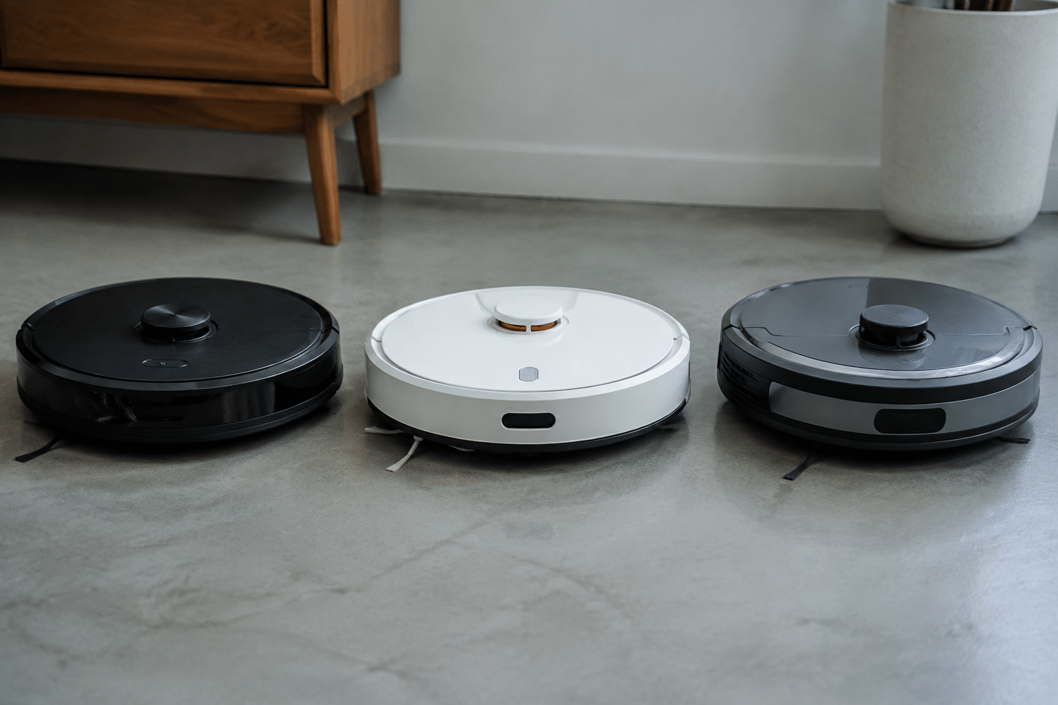 Trois robots aspirateurs alignes cote a cote sur sol gris