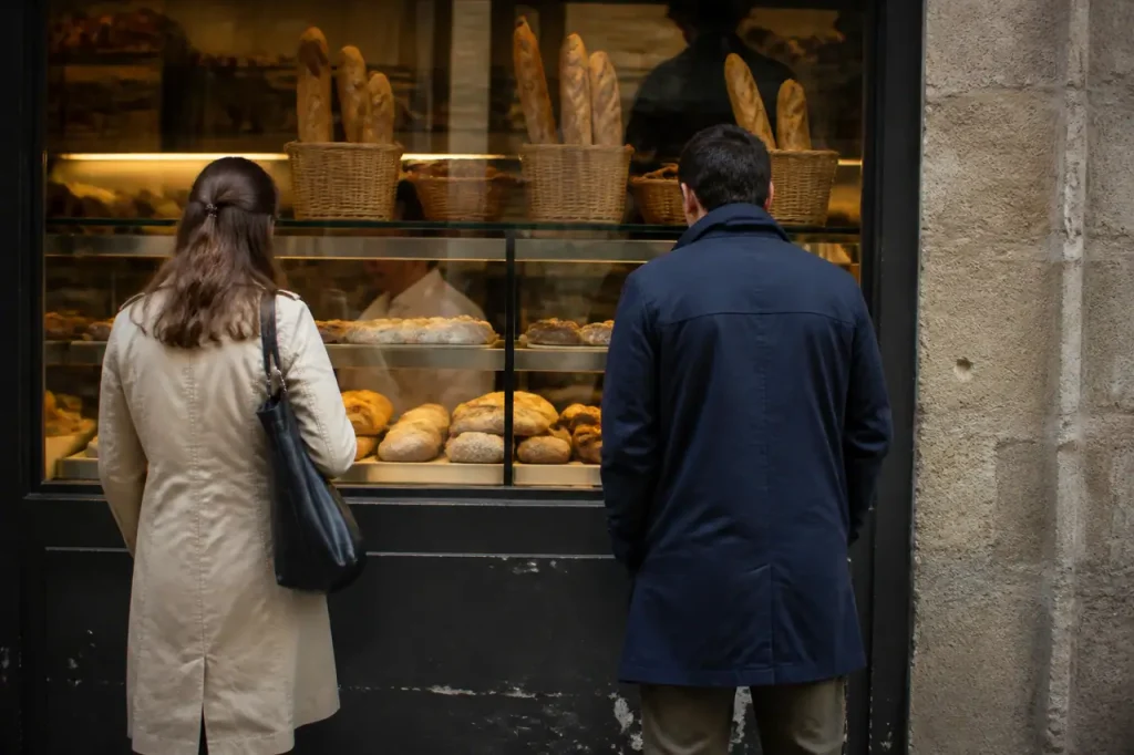 Petite boulangerie de quartier avec clients devant la vitrine