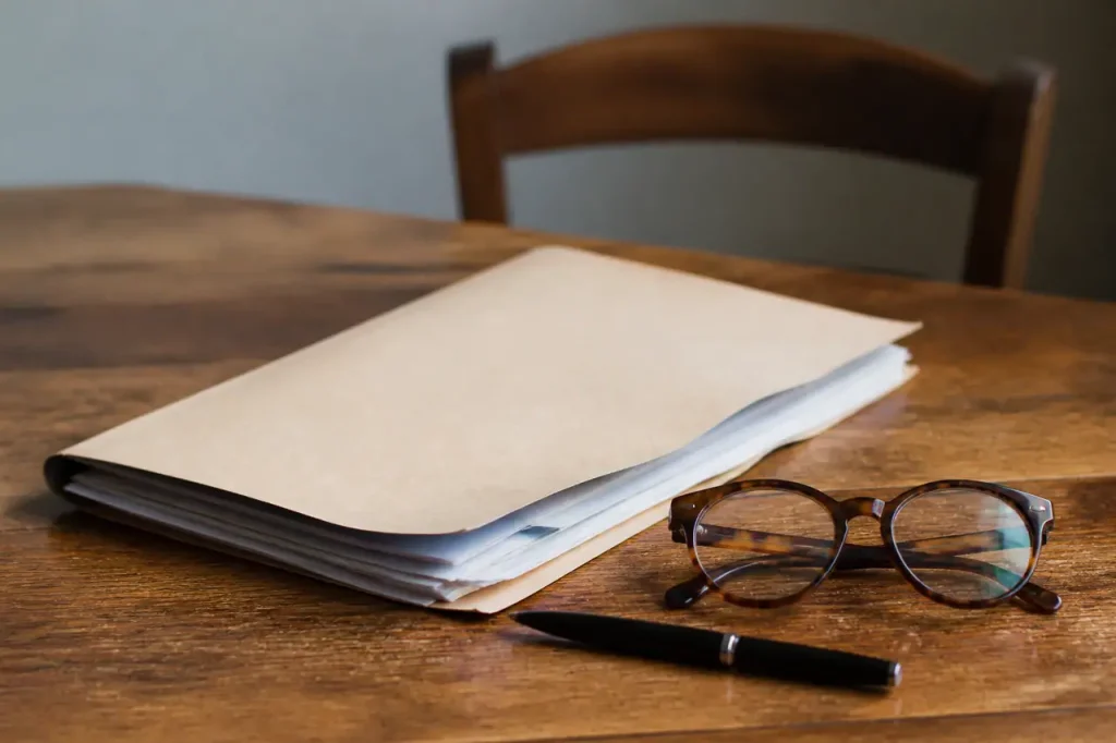 Dossier papier, lunettes et stylo sur table en bois