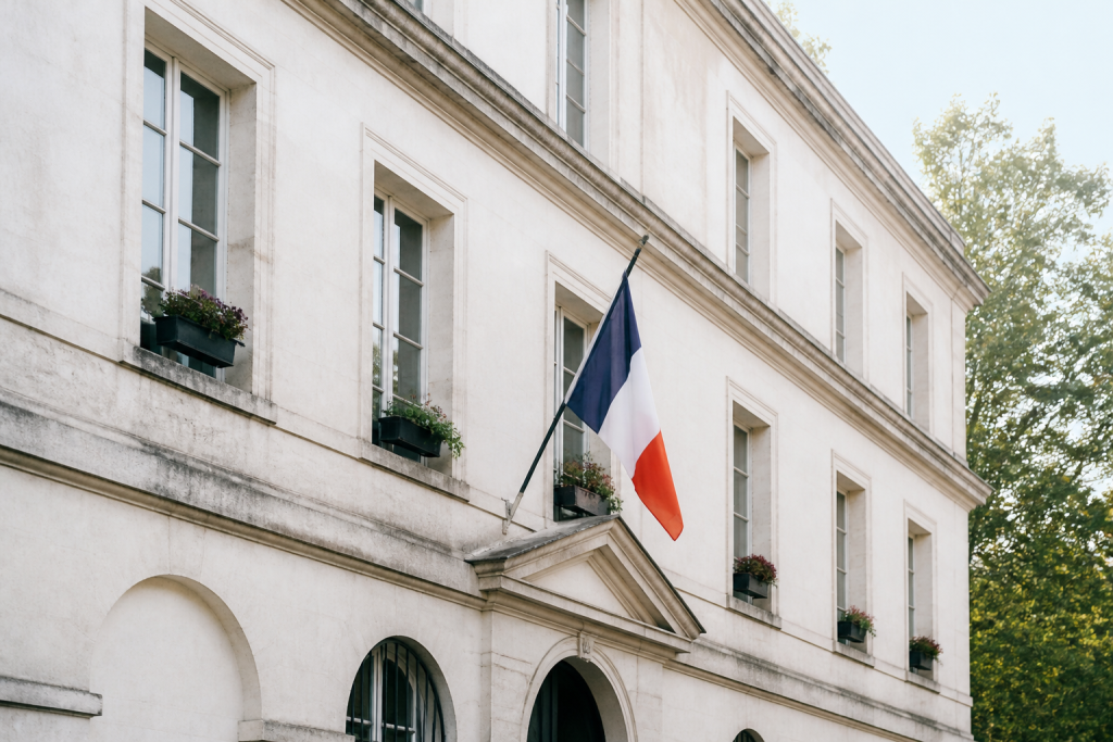Facade blanche de mairie avec drapeau tricolore et fenetres