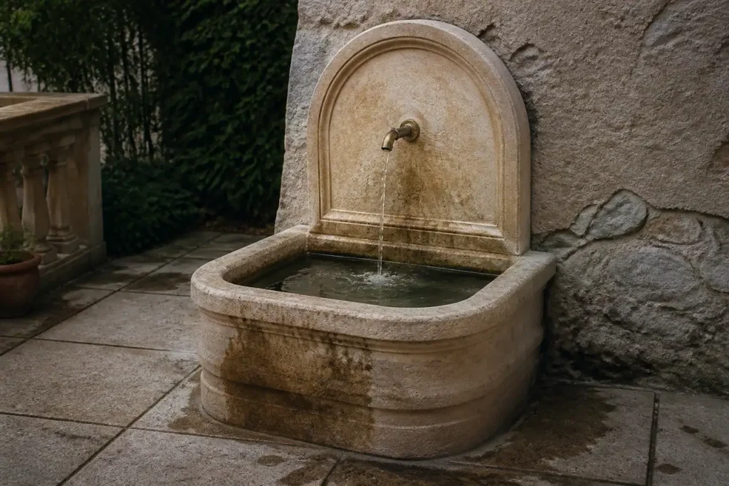 Fontaine en pierre sur terrasse avec vasque remplie