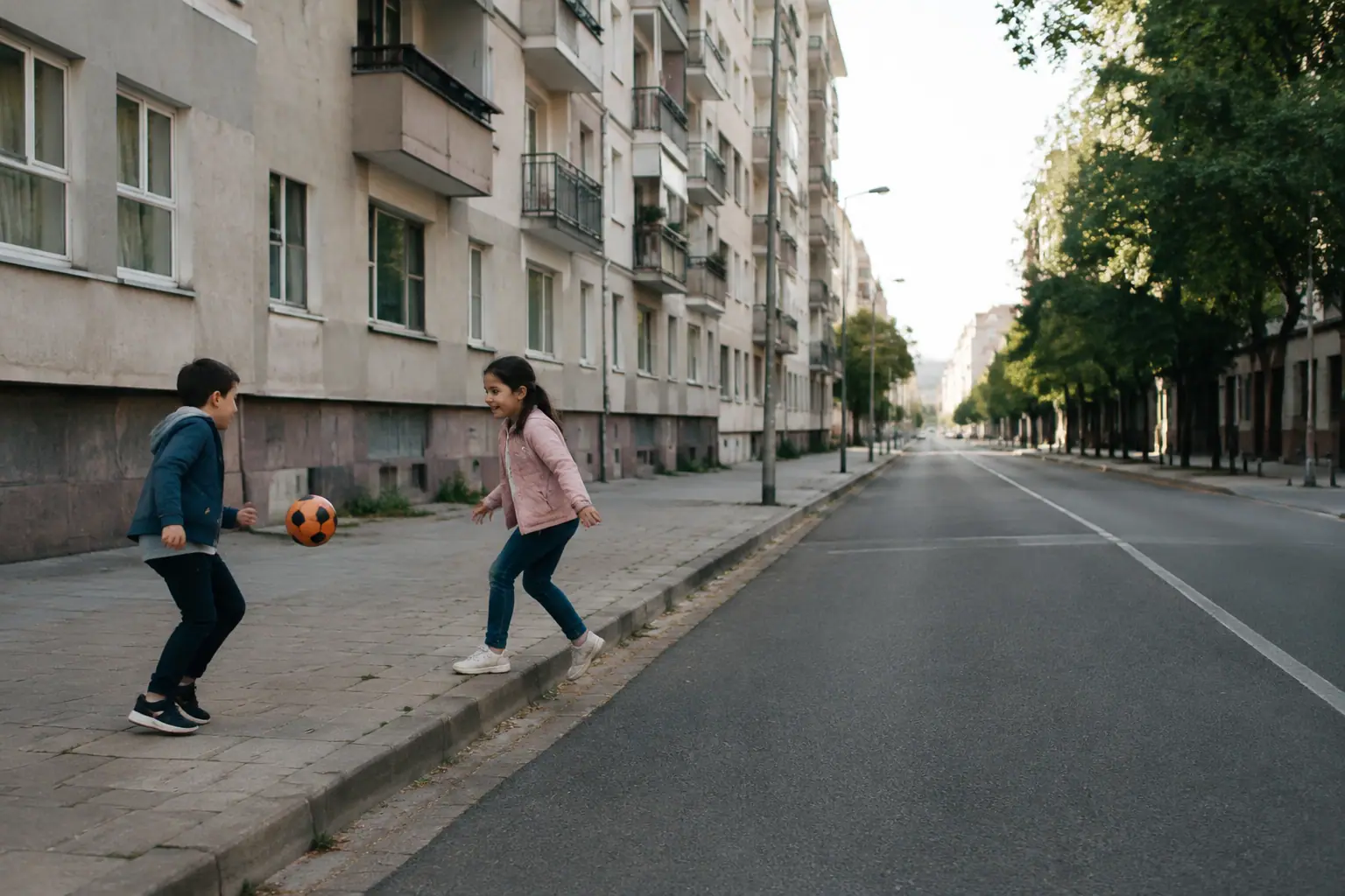 Grands immeubles bordant route vide, enfants jouant devant