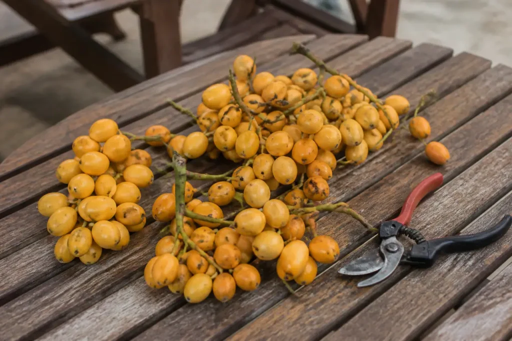 Grappes de bibasses jaune-orange coupees au secateur sur table