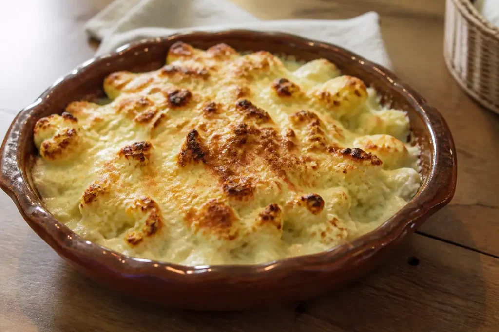 Gratin de chou-fleur dore dans plat en terre