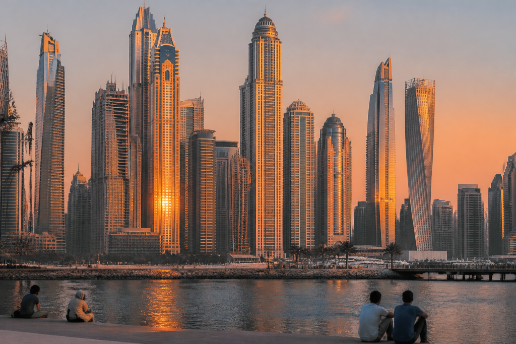Gratte-ciels scintillants au coucher du soleil a Dubai