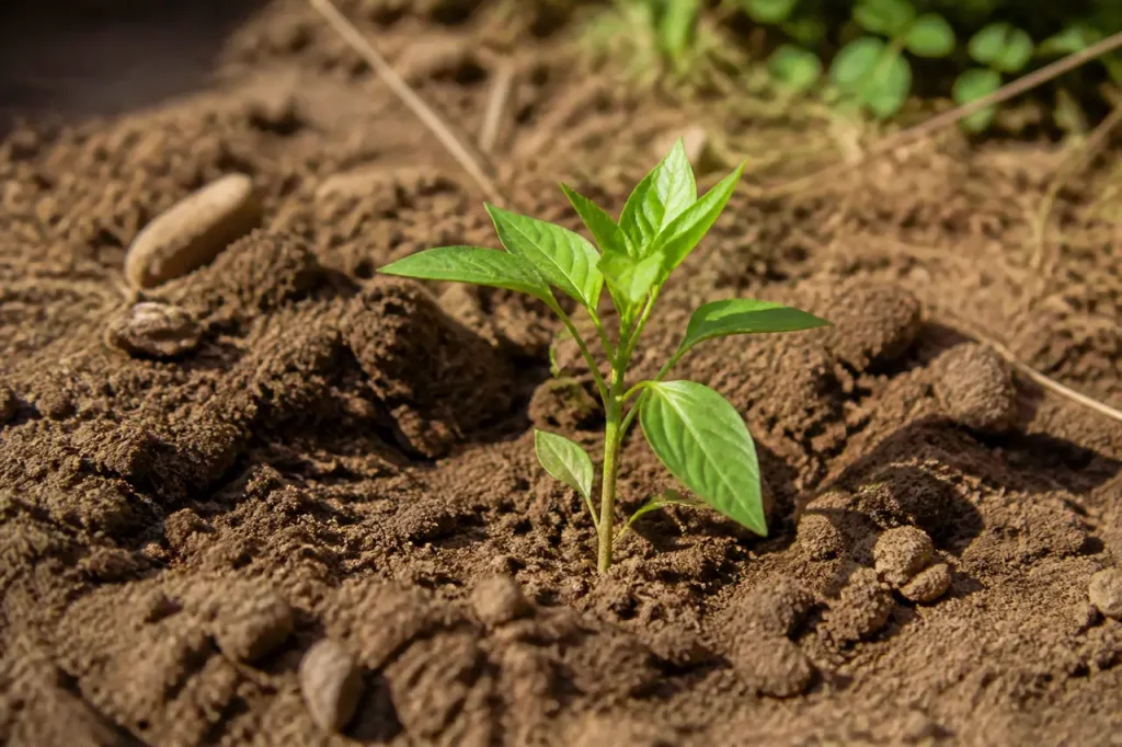 Jeune plant dans un sol brun sous plein soleil