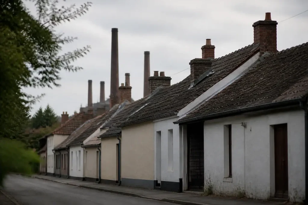 Rangee de maisons basses et cheminees d'usine