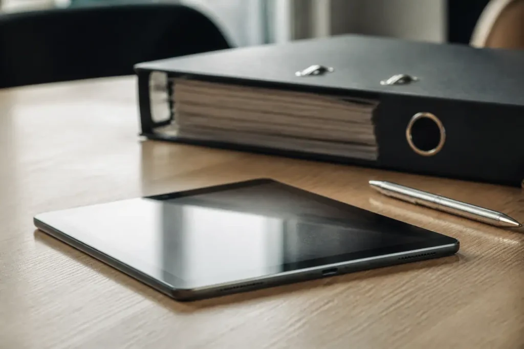 Tablette posée sur bureau avec stylo et classeur