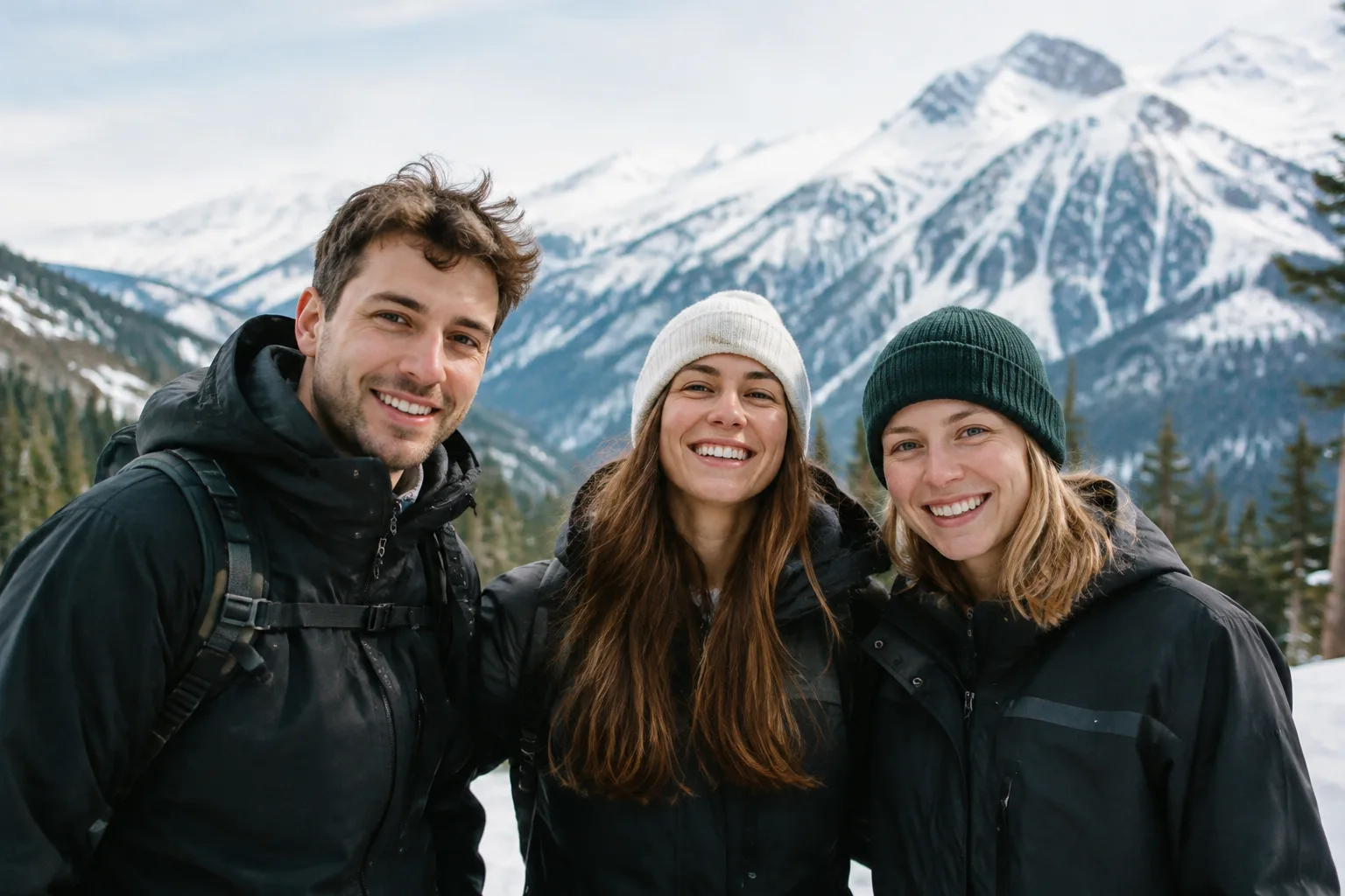 Trois personnes souriantes debout devant des montagnes enneigees