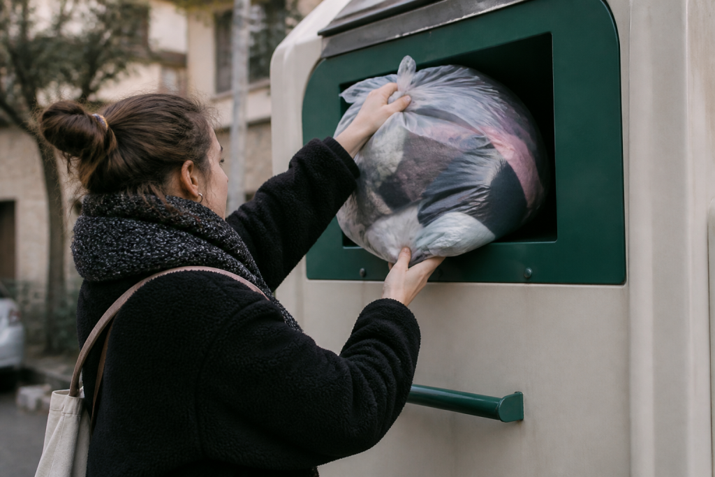 Tas vetements uses pres conteneur recyclage